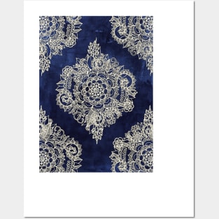 Cream Floral Moroccan Pattern on Deep Indigo Ink Posters and Art